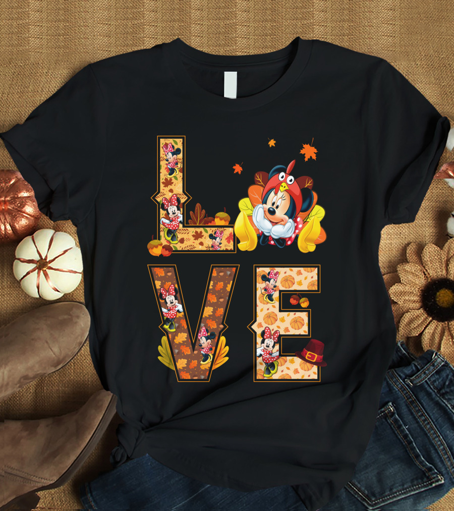 Autumn Love Minnie Mouse Fall Theme With Leaves And Pumpkins T-Shirt
