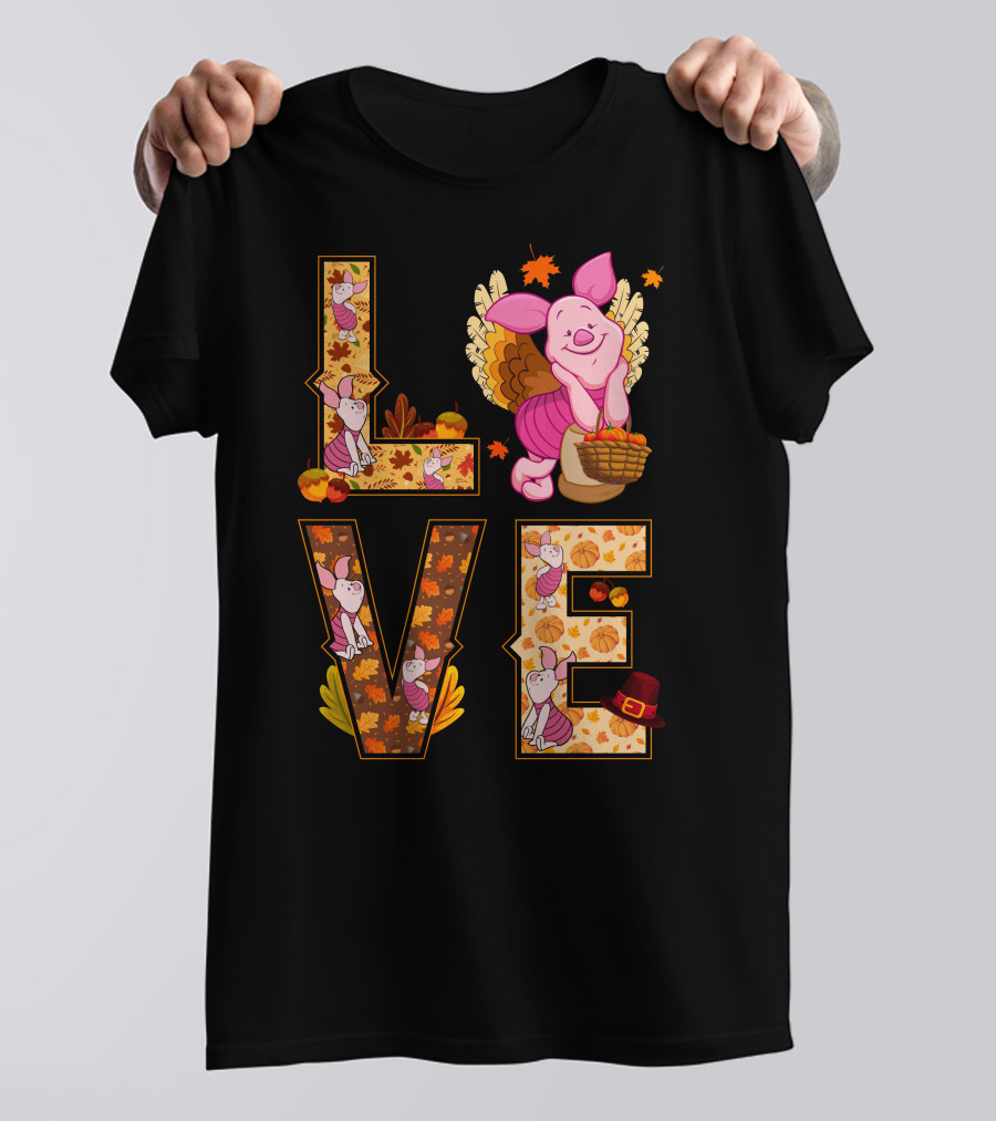 Piglet Love Autumn Harvest Thanksgiving Pumpkin Leaves T-Shirt