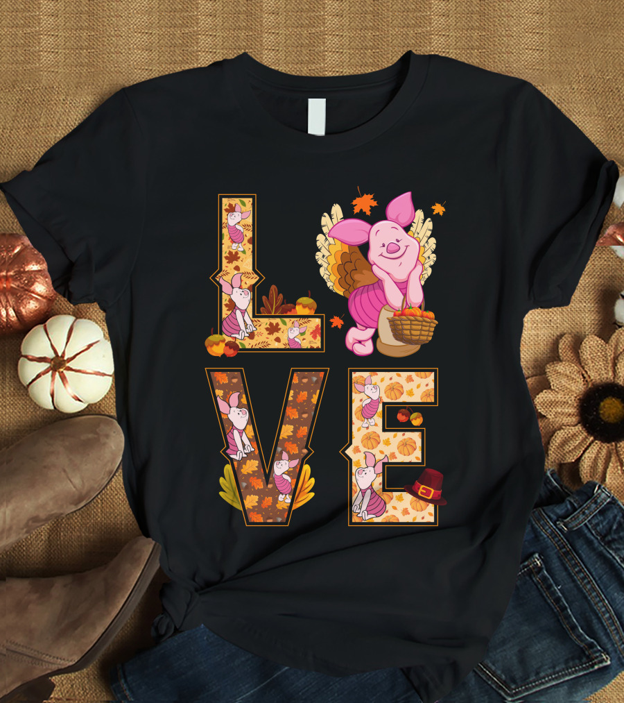 Piglet Love Autumn Harvest Thanksgiving Pumpkin Leaves T-Shirt