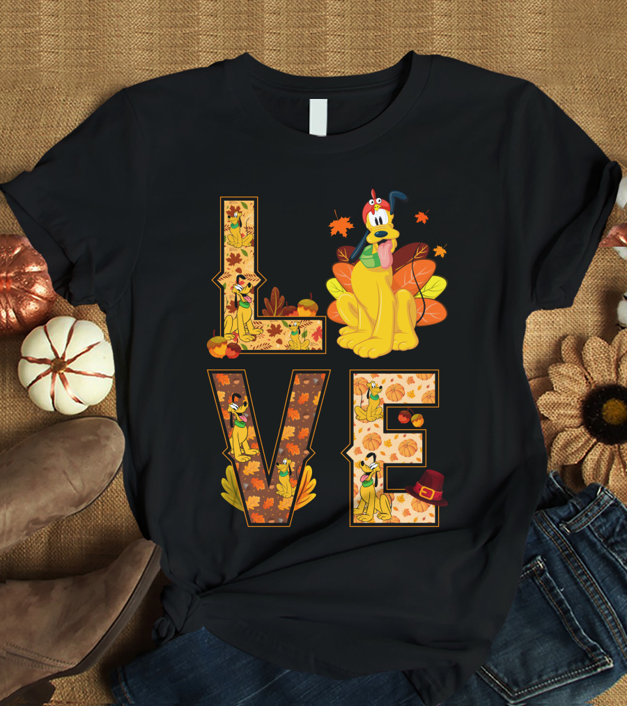 Pluto Thanksgiving Love Autumn Leaves And Pumpkins T-Shirt