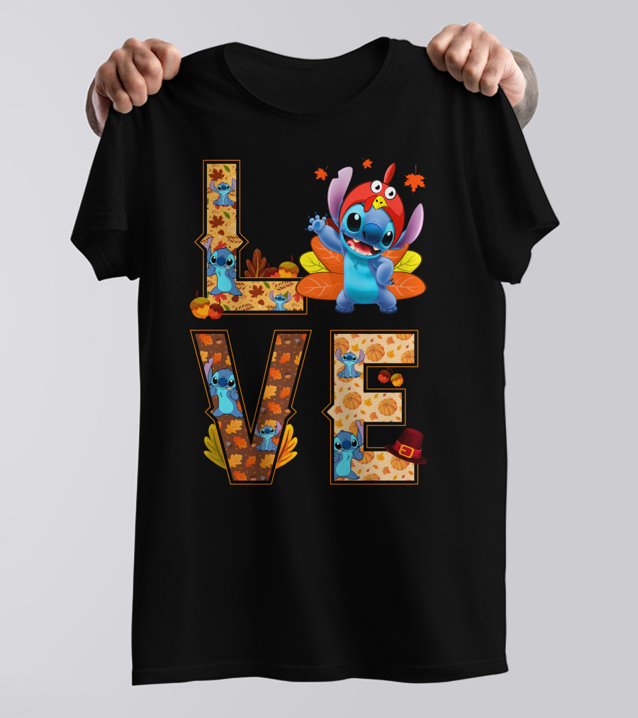 Love Stitch Thanksgiving Autumn Leaves Pumpkins Turkey Hat T-Shirt