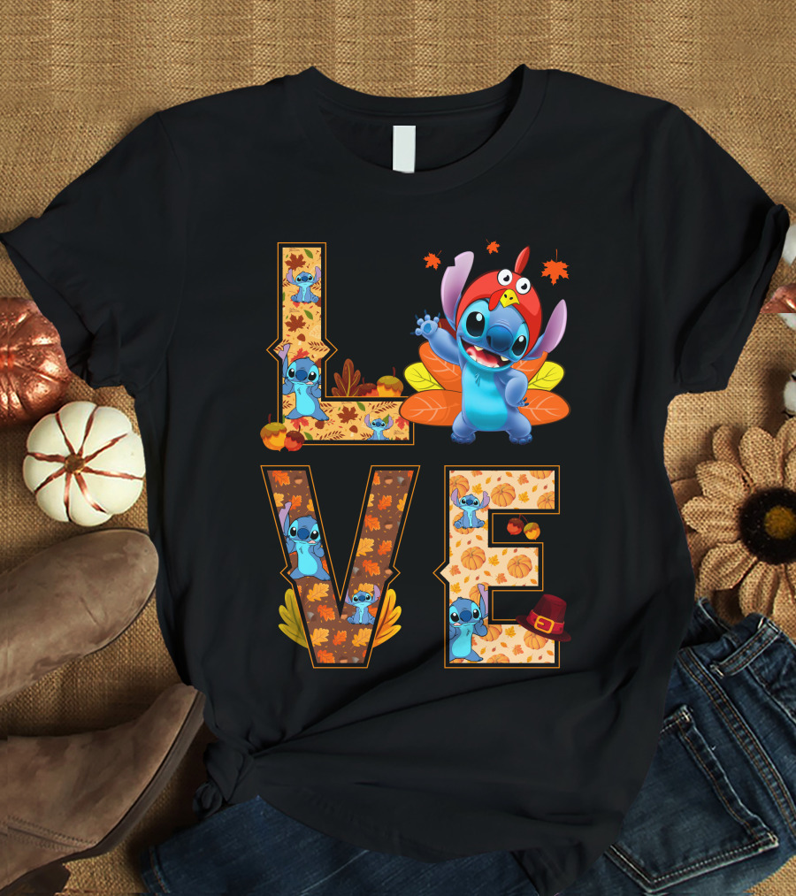 Love Stitch Thanksgiving Autumn Leaves Pumpkins Turkey Hat T-Shirt