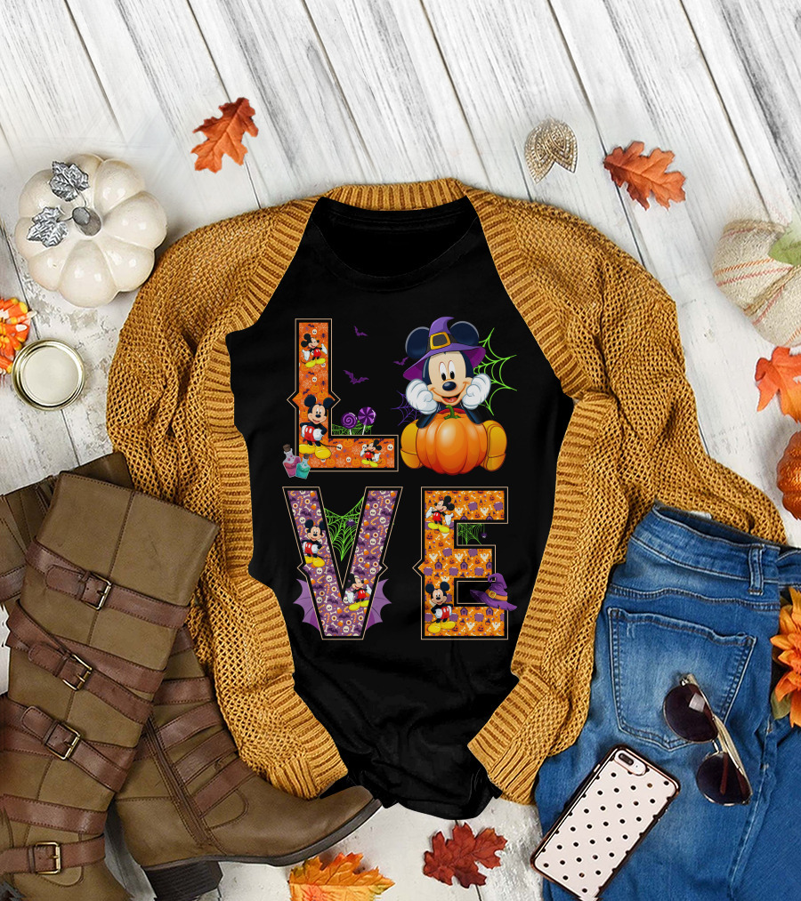 Mickey Love Halloween Pumpkin Witch Hat Spooky Theme T-Shirt