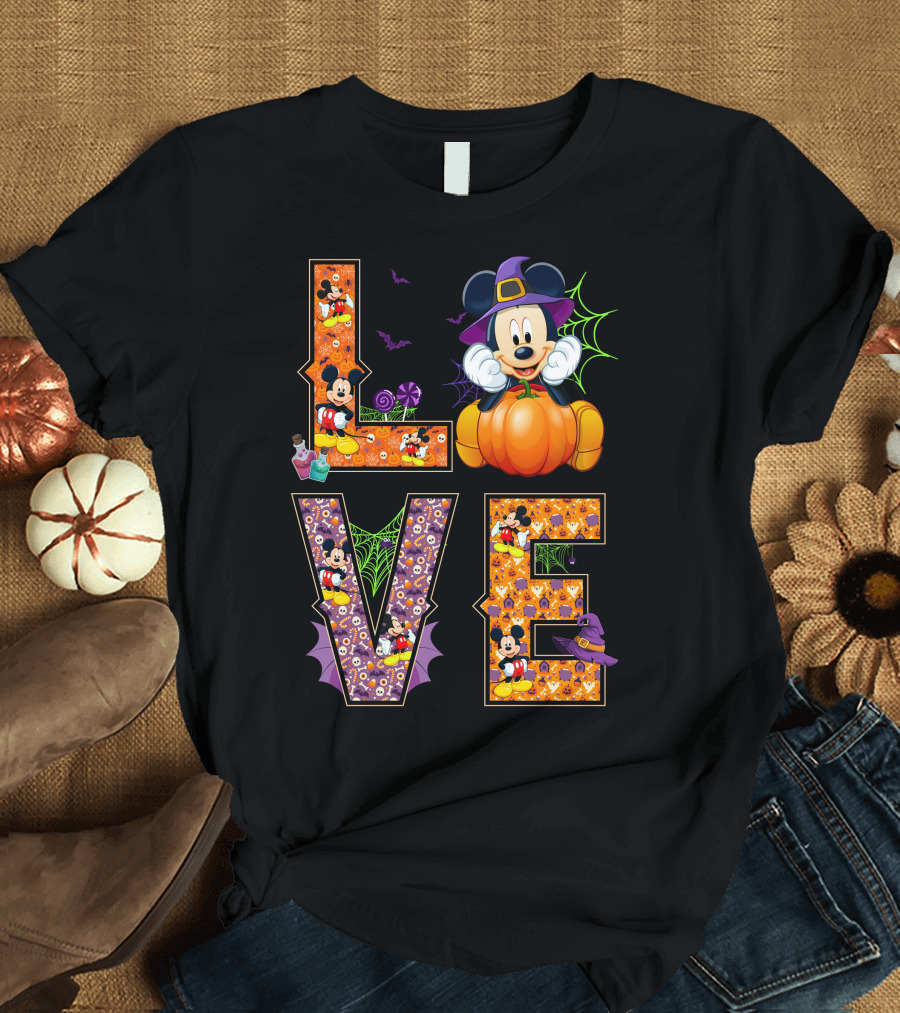 Mickey Love Halloween Pumpkin Witch Hat Spooky Theme T-Shirt