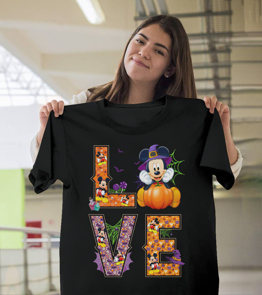 Mickey Love Halloween Pumpkin Witch Hat Spooky Theme T-Shirt