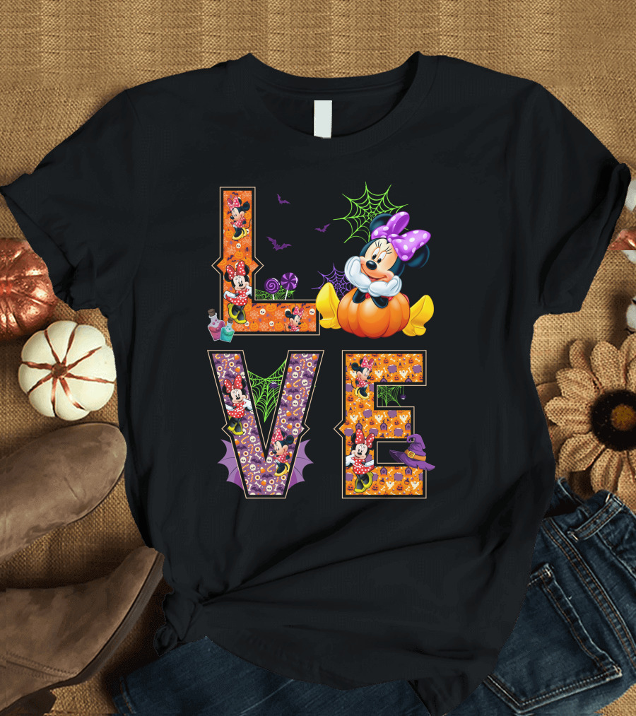Love Minnie Halloween Pumpkin Bats Spiderwebs Bow T-Shirt