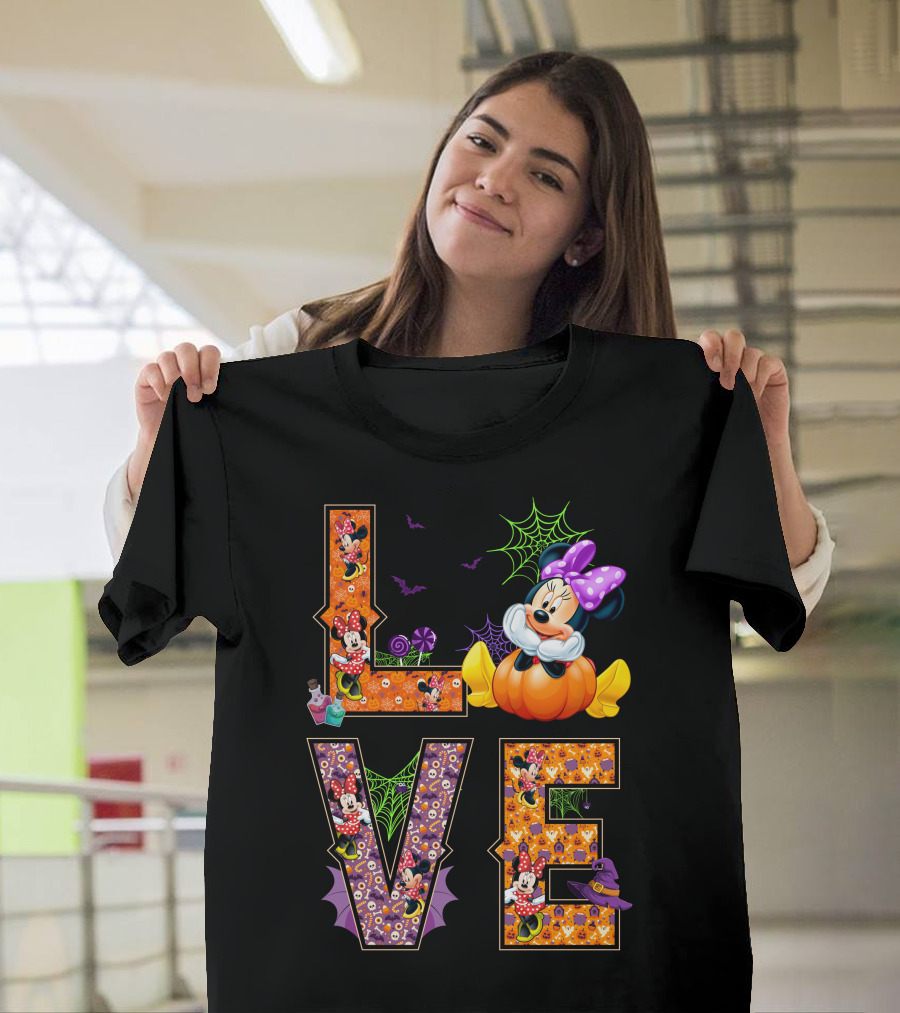 Love Minnie Halloween Pumpkin Bats Spiderwebs Bow T-Shirt