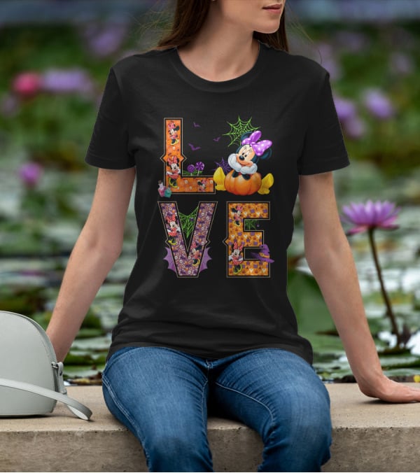 Love Minnie Halloween Pumpkin Bats Spiderwebs Bow T-Shirt