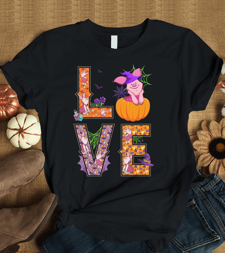 Love Piglet Halloween Pumpkin Bat Spiderwebs T-Shirt