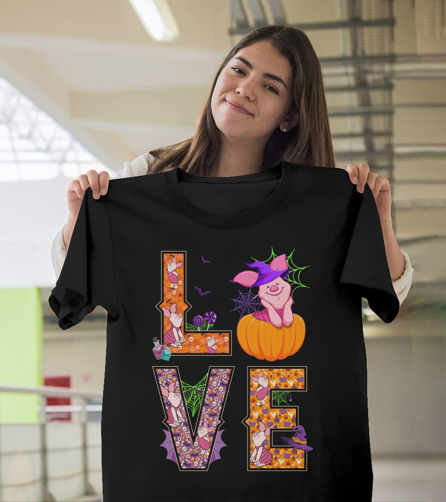 Love Piglet Halloween Pumpkin Bat Spiderwebs T-Shirt