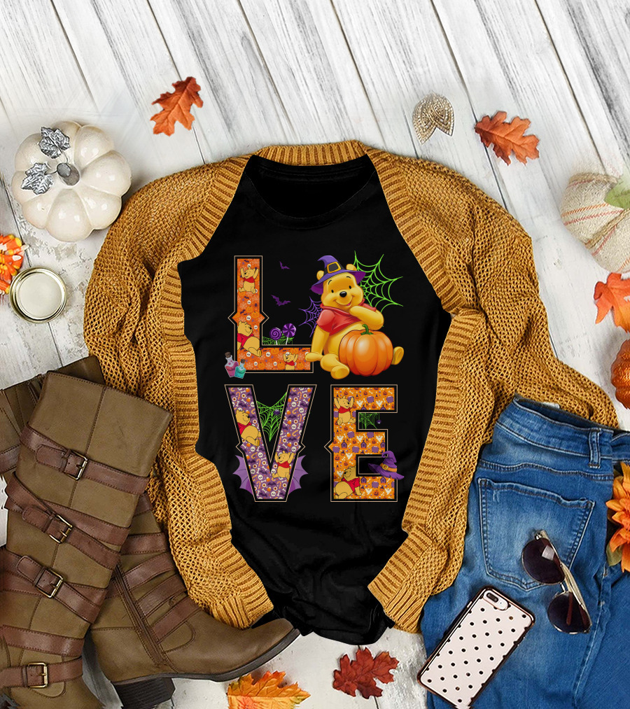 Pooh Halloween Love With Pumpkins And Spider Webs T-Shirt