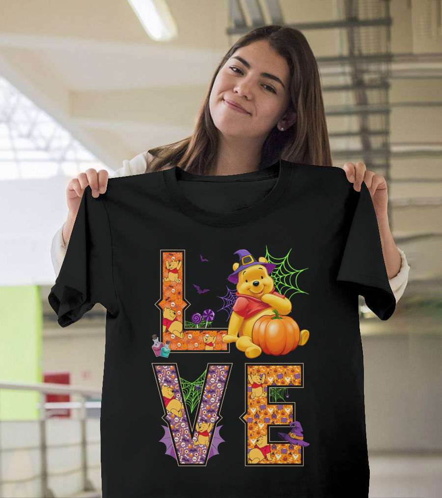 Pooh Halloween Love With Pumpkins And Spider Webs T-Shirt