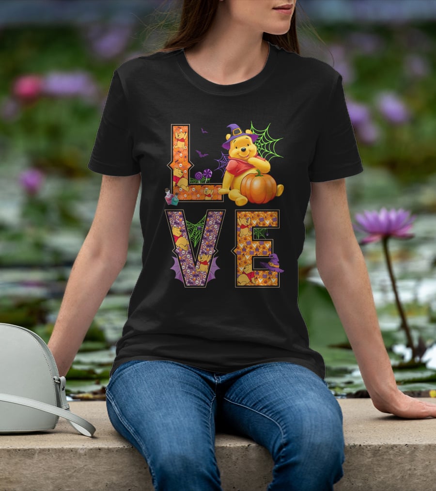 Pooh Halloween Love With Pumpkins And Spider Webs T-Shirt