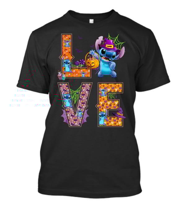 Stitch Halloween Love With Witch Hat And Pumpkin T-Shirt