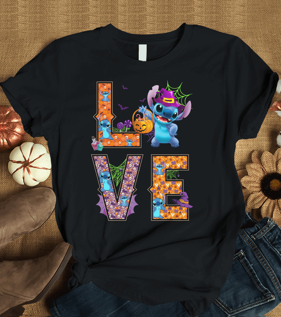 Stitch Halloween Love With Witch Hat And Pumpkin T-Shirt