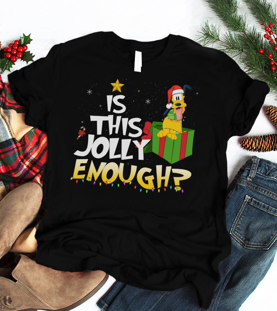 Is This Jolly Enough Pluto Christmas Star Santa Hat Present Lights T-Shirt