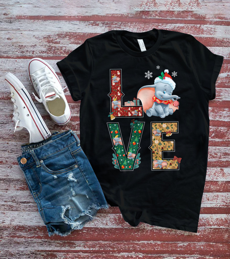 Love Dumbo Christmas Holiday Snowflakes Santa Hat Candy Cane T-Shirt