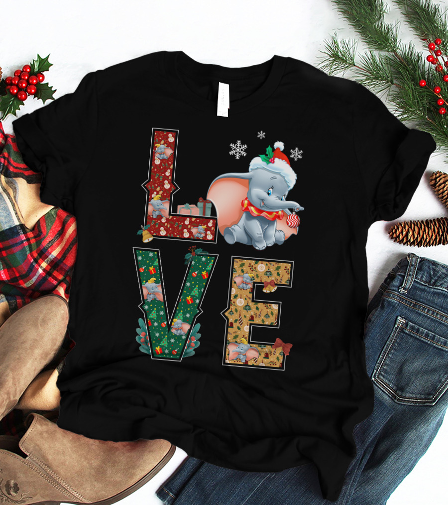Love Dumbo Christmas Holiday Snowflakes Santa Hat Candy Cane T-Shirt