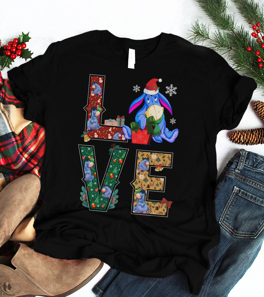 Eeyore Christmas Love Santa Hat Snowflakes T-Shirt
