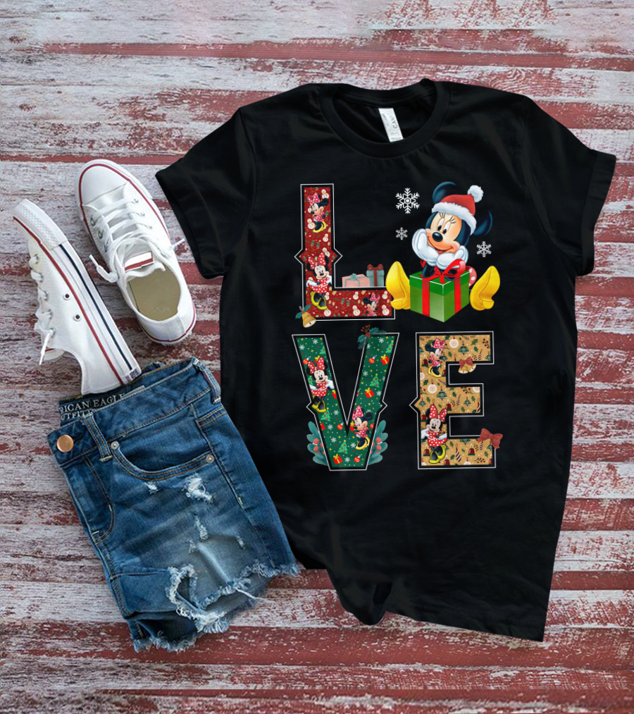Minnie Christmas Love Santa Hat Holiday Gifts Snowflakes T-Shirt