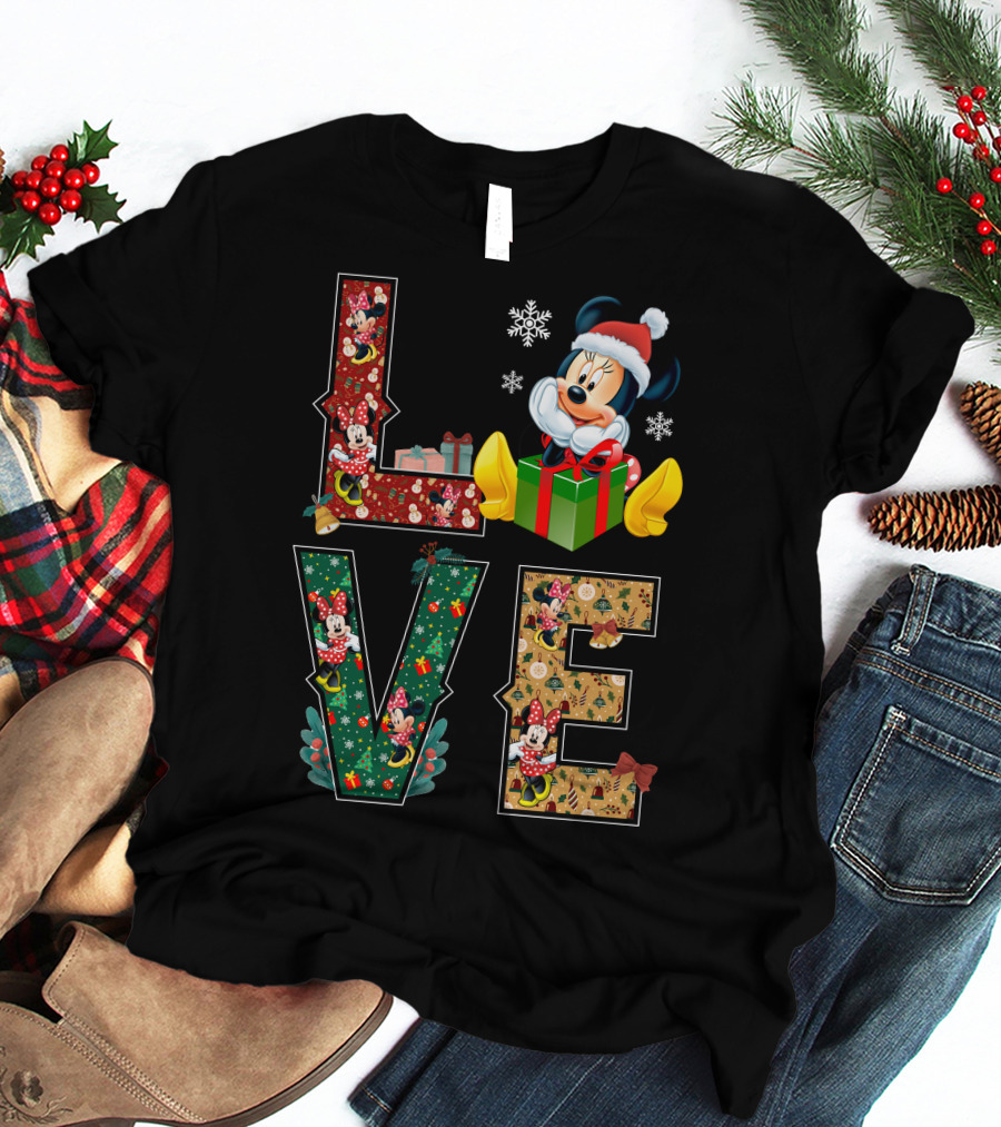 Minnie Christmas Love Santa Hat Holiday Gifts Snowflakes T-Shirt