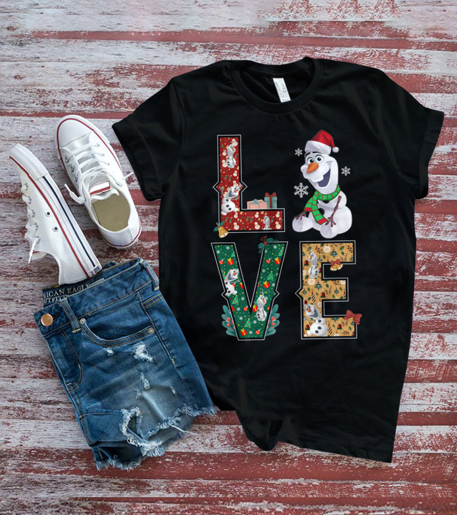 Love Olaf Christmas Snowman Santa Hat Scarf Snowflake Gifts T-Shirt