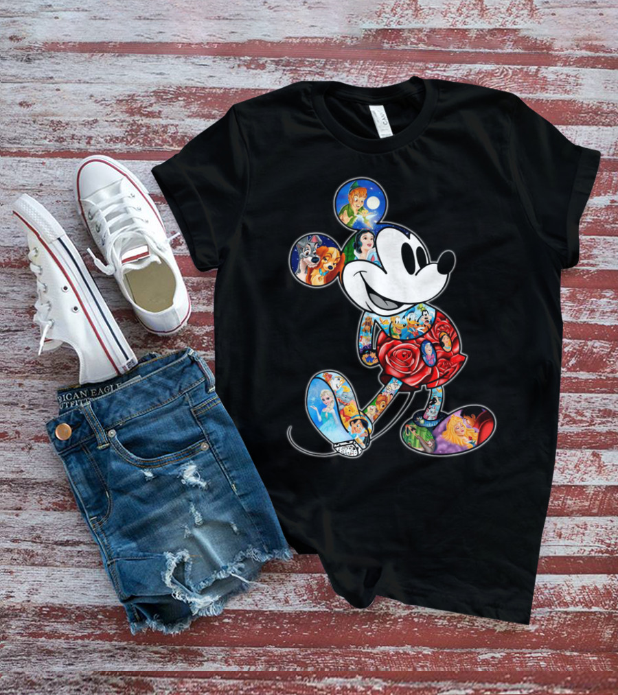 Mickey Mouse Collage Featuring Classic Disney Characters T-Shirt
