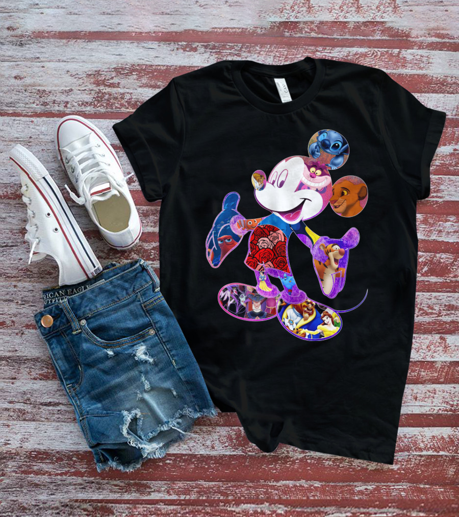 Mickey Mouse Collage Featuring Disney Characters From Lilo & Stitch The Lion King Finding Nemo Winnie The Pooh The Little Mermaid Beauty And The Beast T-Shirt