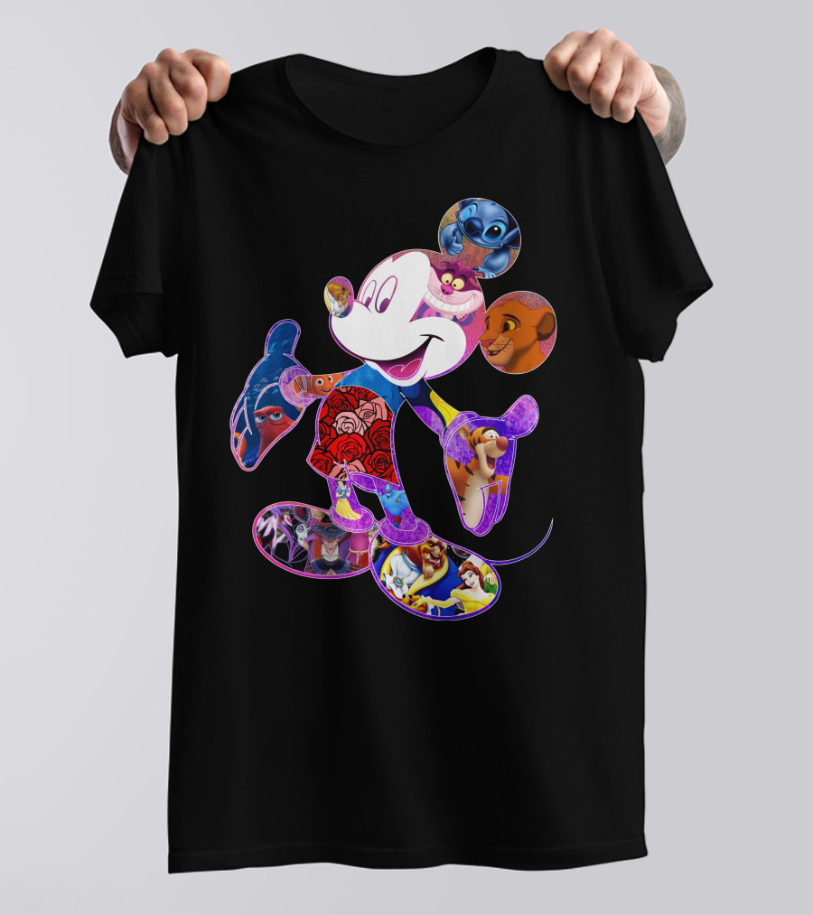 Mickey Mouse Collage Featuring Disney Characters From Lilo & Stitch The Lion King Finding Nemo Winnie The Pooh The Little Mermaid Beauty And The Beast T-Shirt