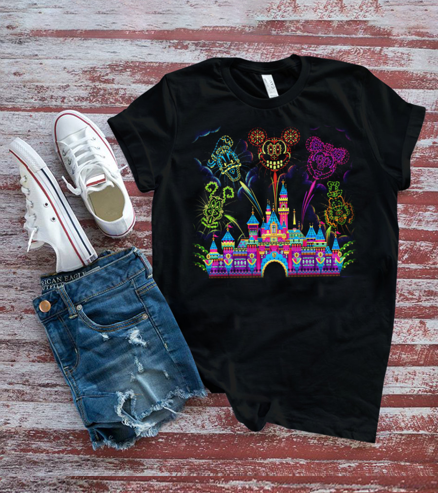 Disney Neon Fireworks Castle Mickey Minnie Goofy T-Shirt