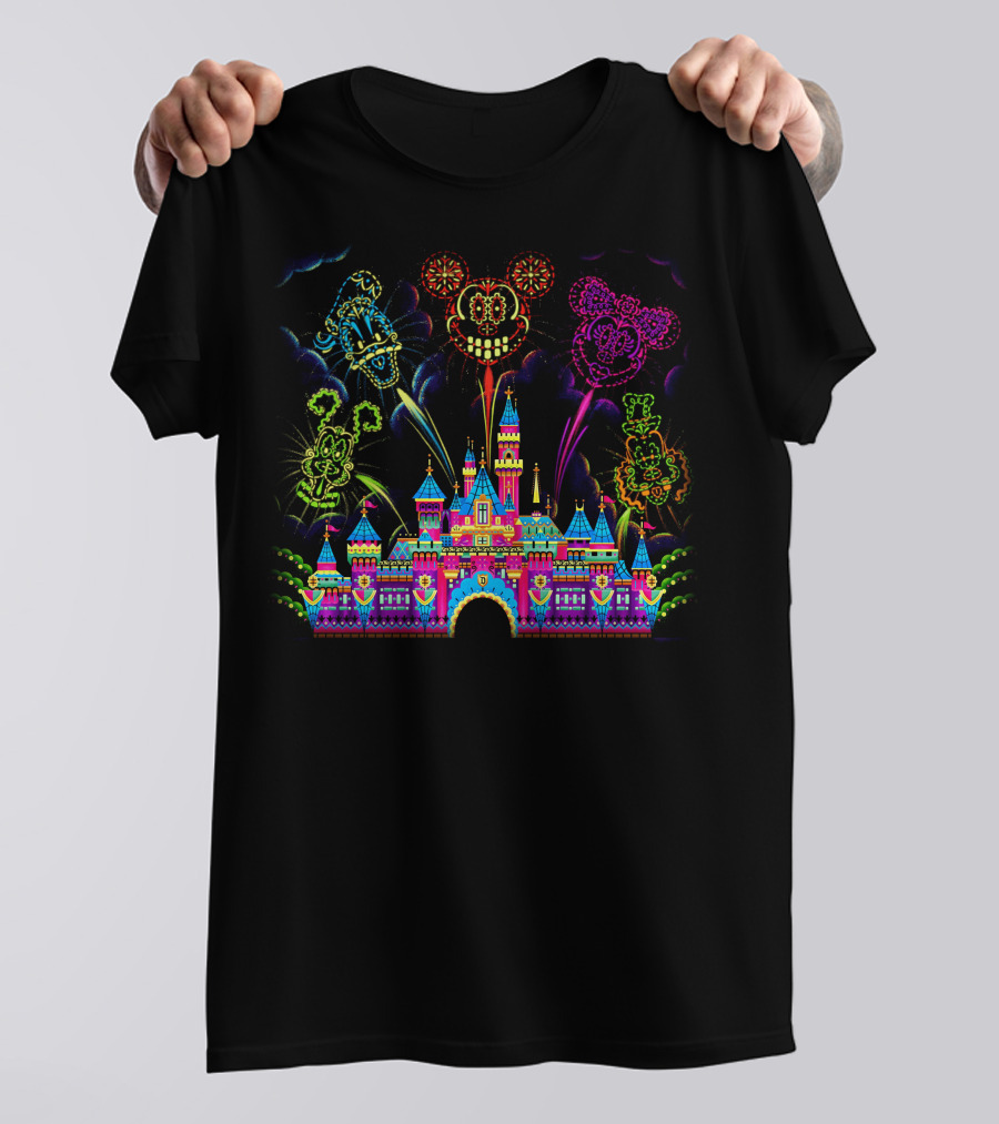 Disney Neon Fireworks Castle Mickey Minnie Goofy T-Shirt
