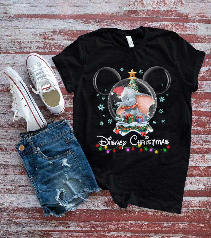 Disney Christmas Dumbo Snow Globe With Gifts And Mickey Ears T-Shirt