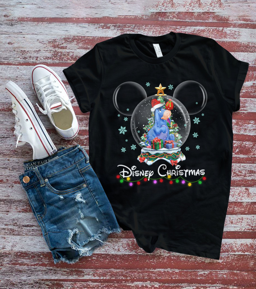 Disney Christmas Eeyore Snow Globe Mickey Ears Santa Hat T-Shirt