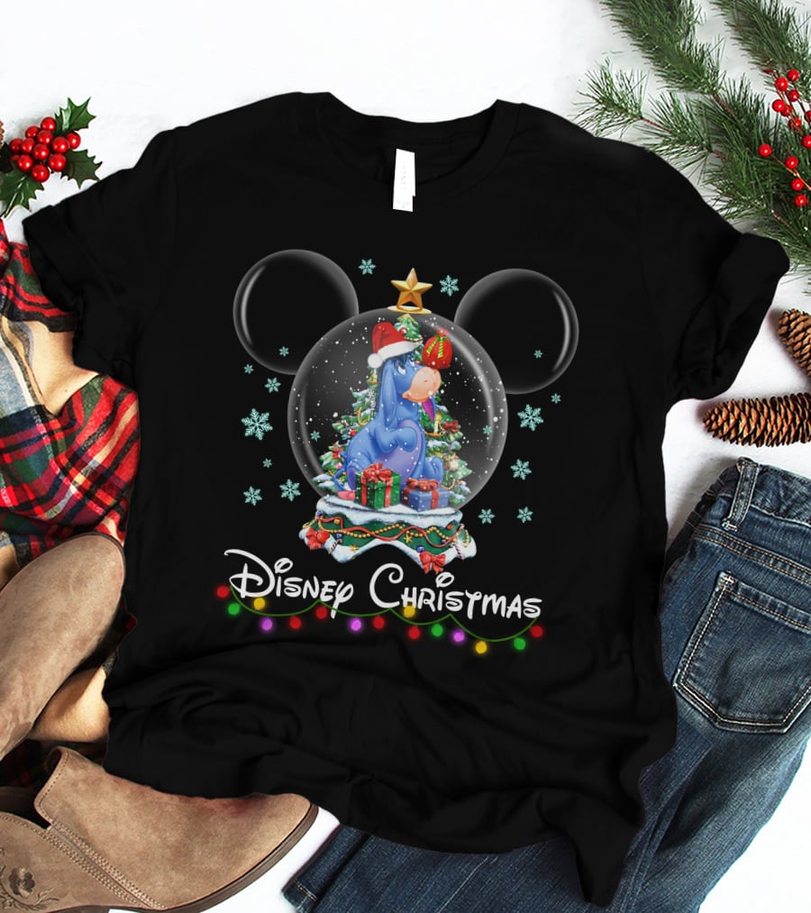 Disney Christmas Eeyore Snow Globe Mickey Ears Santa Hat T-Shirt