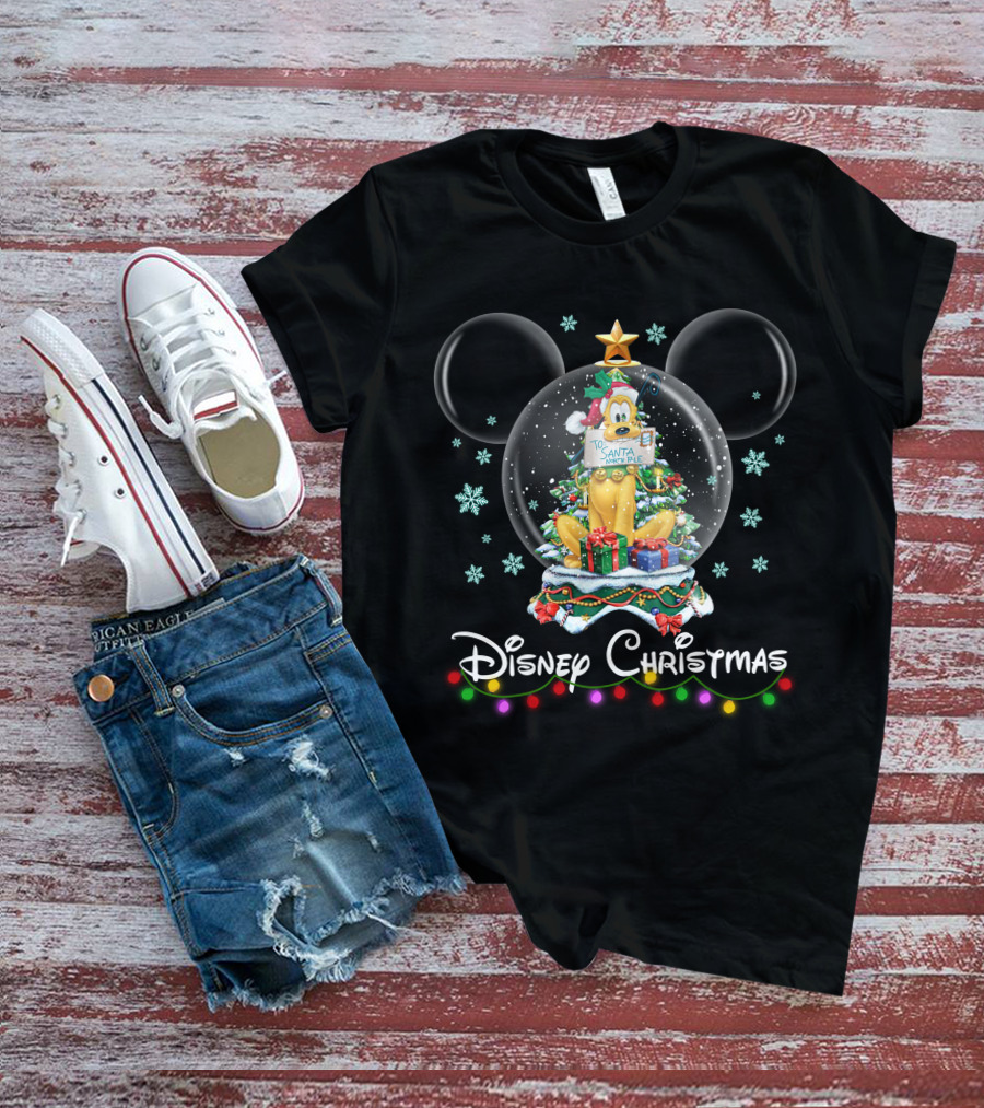 Disney Christmas Pluto Snow Globe Santa Nice List T-Shirt
