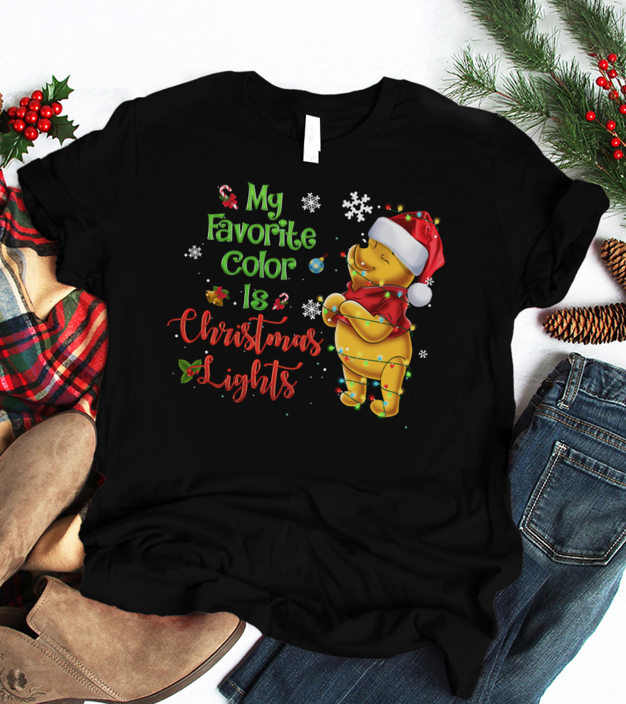My Favorite Color Is Christmas Lights Pooh Holiday Santa Hat T-Shirt