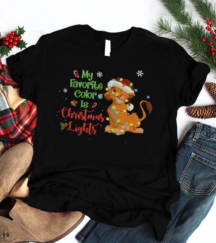 My Favorite Color Is Christmas Lights Simba Santa Hat Snowflakes T-Shirt