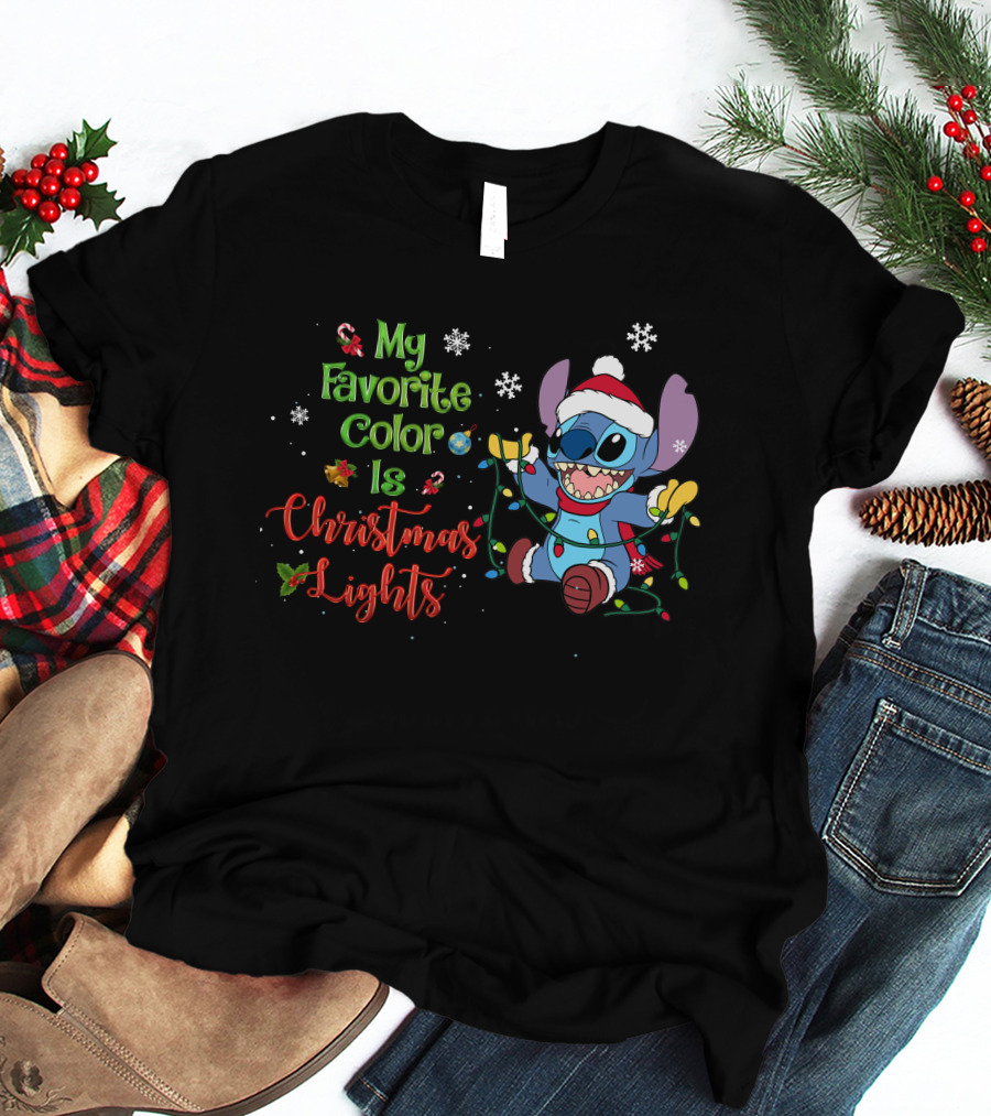 My Favorite Color Is Christmas Lights Stitch Holiday Lights Snowflakes Santa Hat T-Shirt