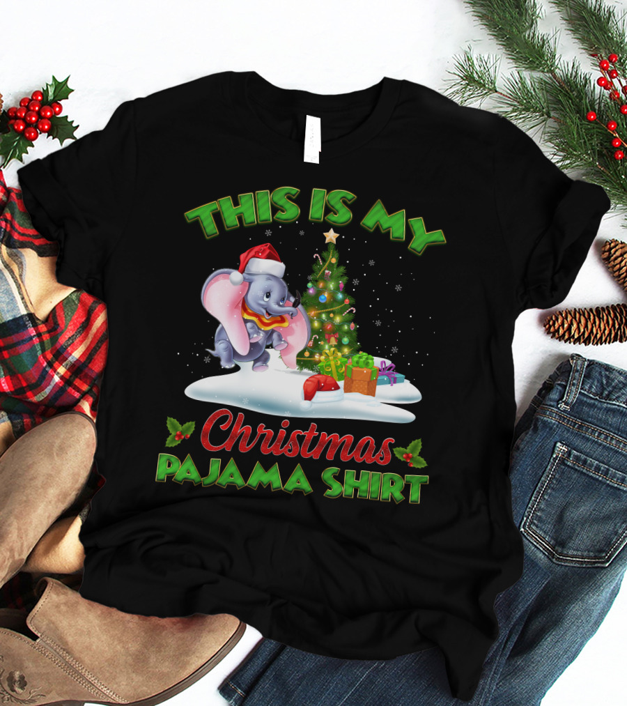 This Is My Christmas Pajama Shirt Dumbo Santa Hat Christmas Tree Presents T-Shirt