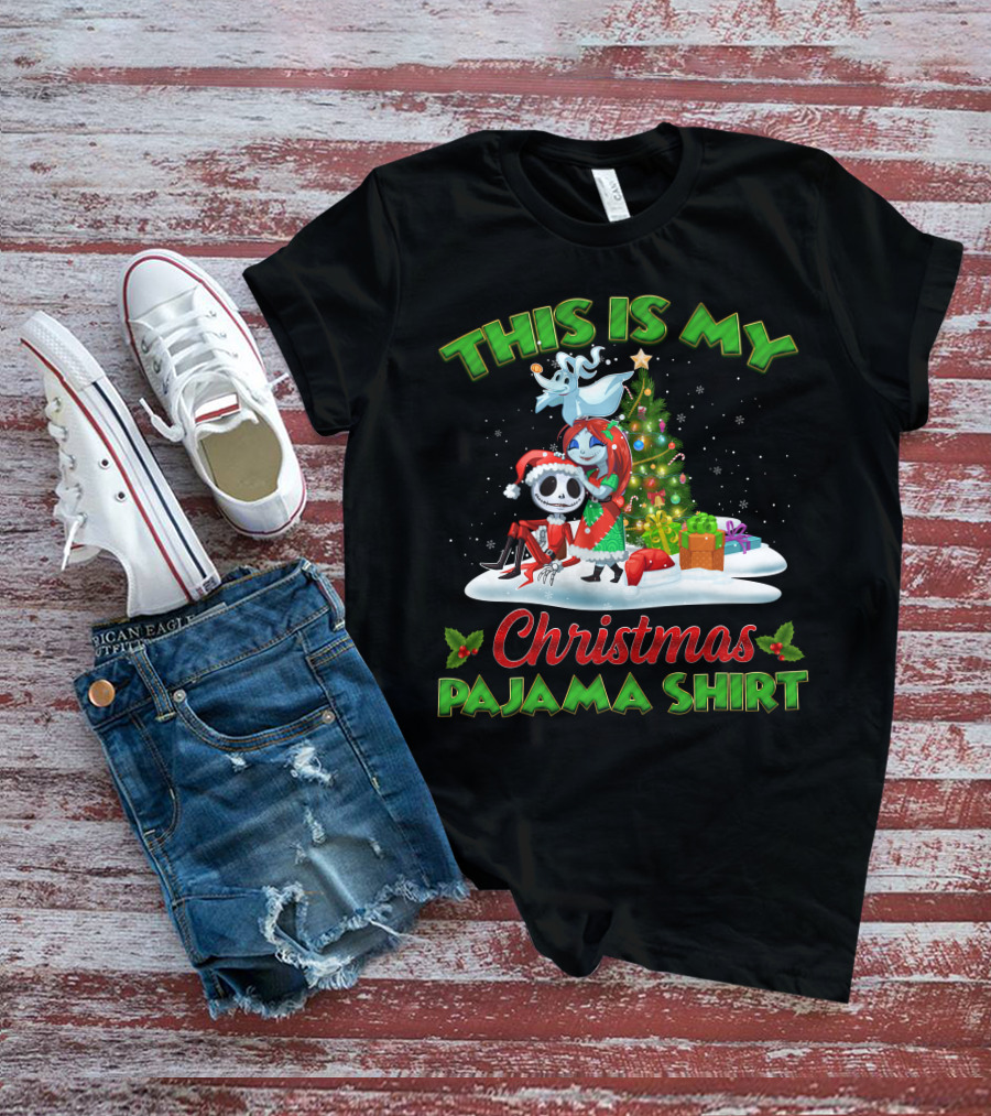 This Is My Christmas Pajama Shirt Jack Skellington And Sally Holiday Tree Scene T-Shirt