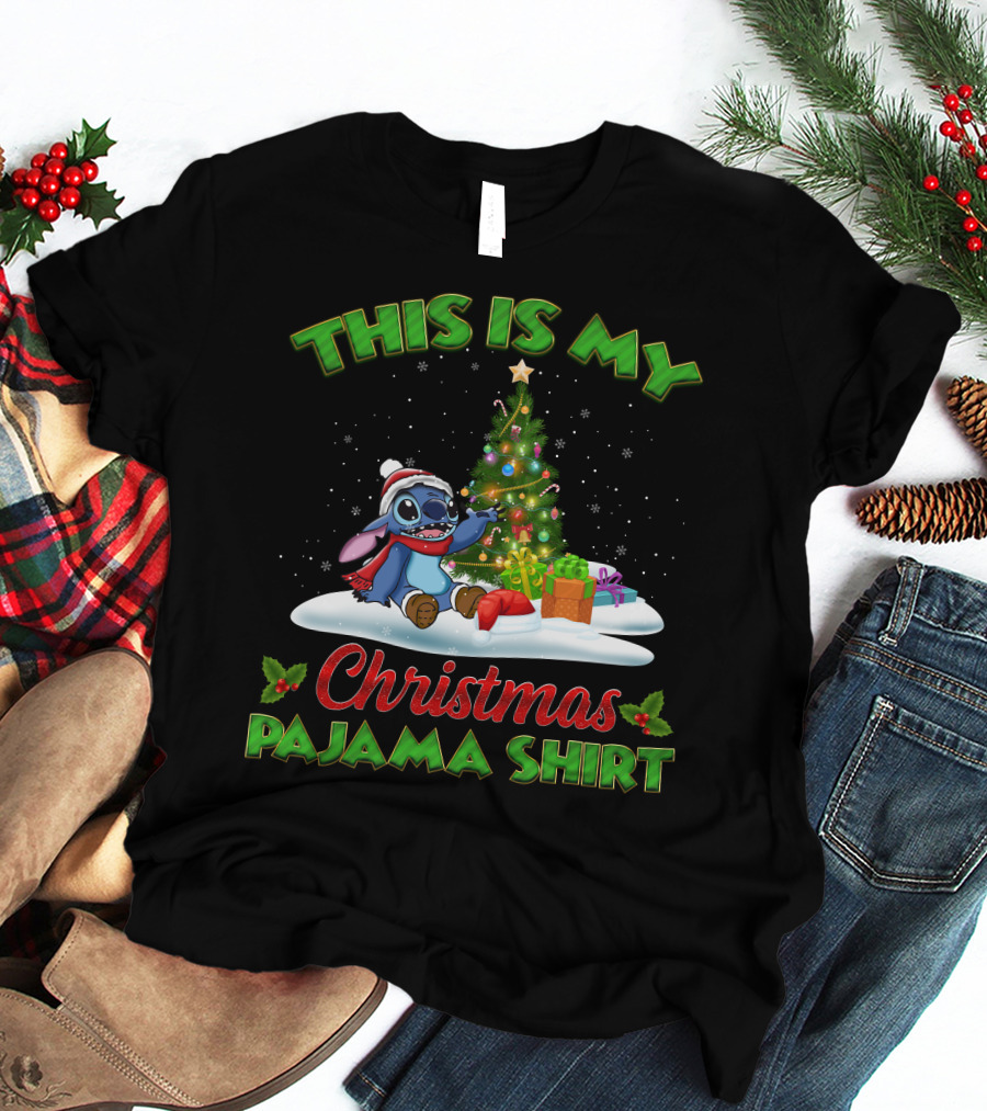 This Is My Christmas Pajama Shirt Stitch Tree Presents T-Shirt