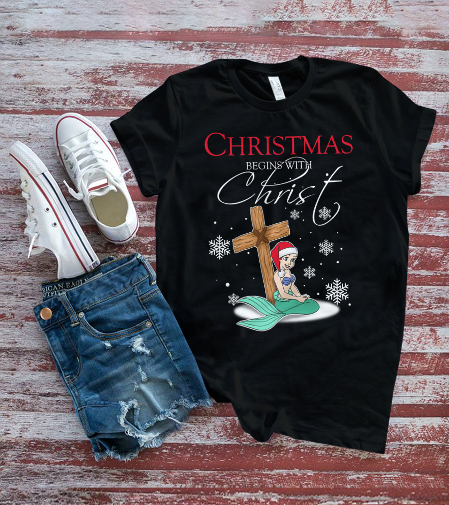 Christmas Begins With Christ Ariel Snowflakes T-Shirt
