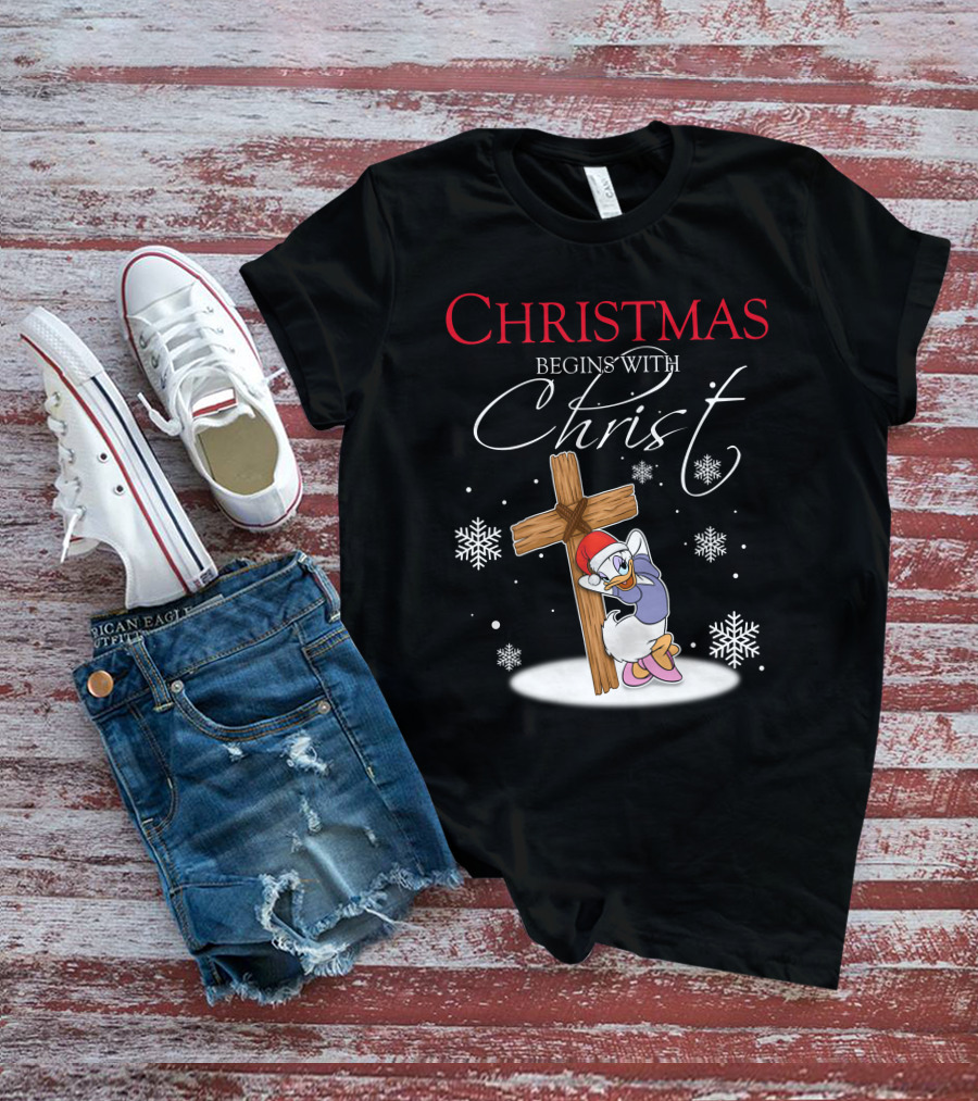 Christmas Begins With Christ Daisy With Cross And Snowflakes T-Shirt