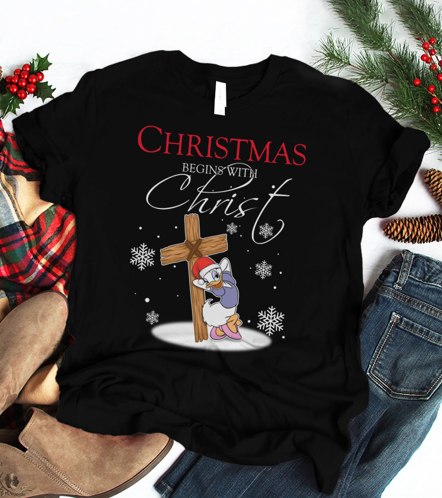 Christmas Begins With Christ Daisy With Cross And Snowflakes T-Shirt