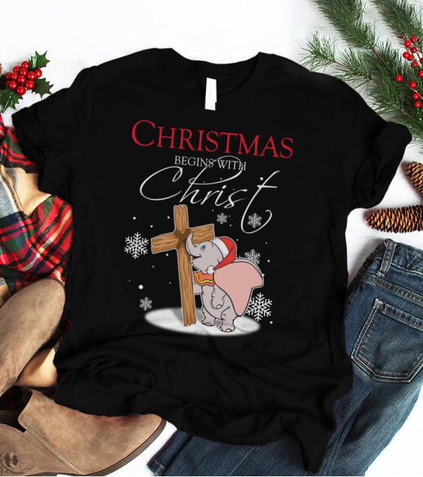 Christmas Begins With Christ Dumbo Santa Hat Cross Snowflakes T-Shirt