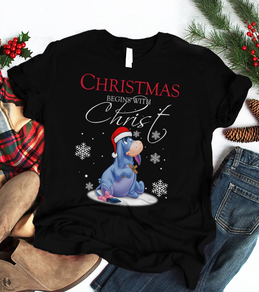 Christmas Begins With Christ Eeyore Santa Hat Snowflakes T-Shirt