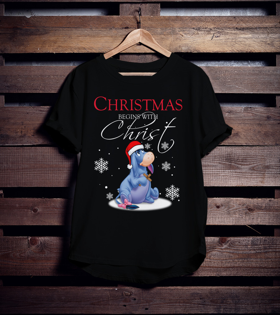 Christmas Begins With Christ Eeyore Santa Hat Snowflakes T-Shirt