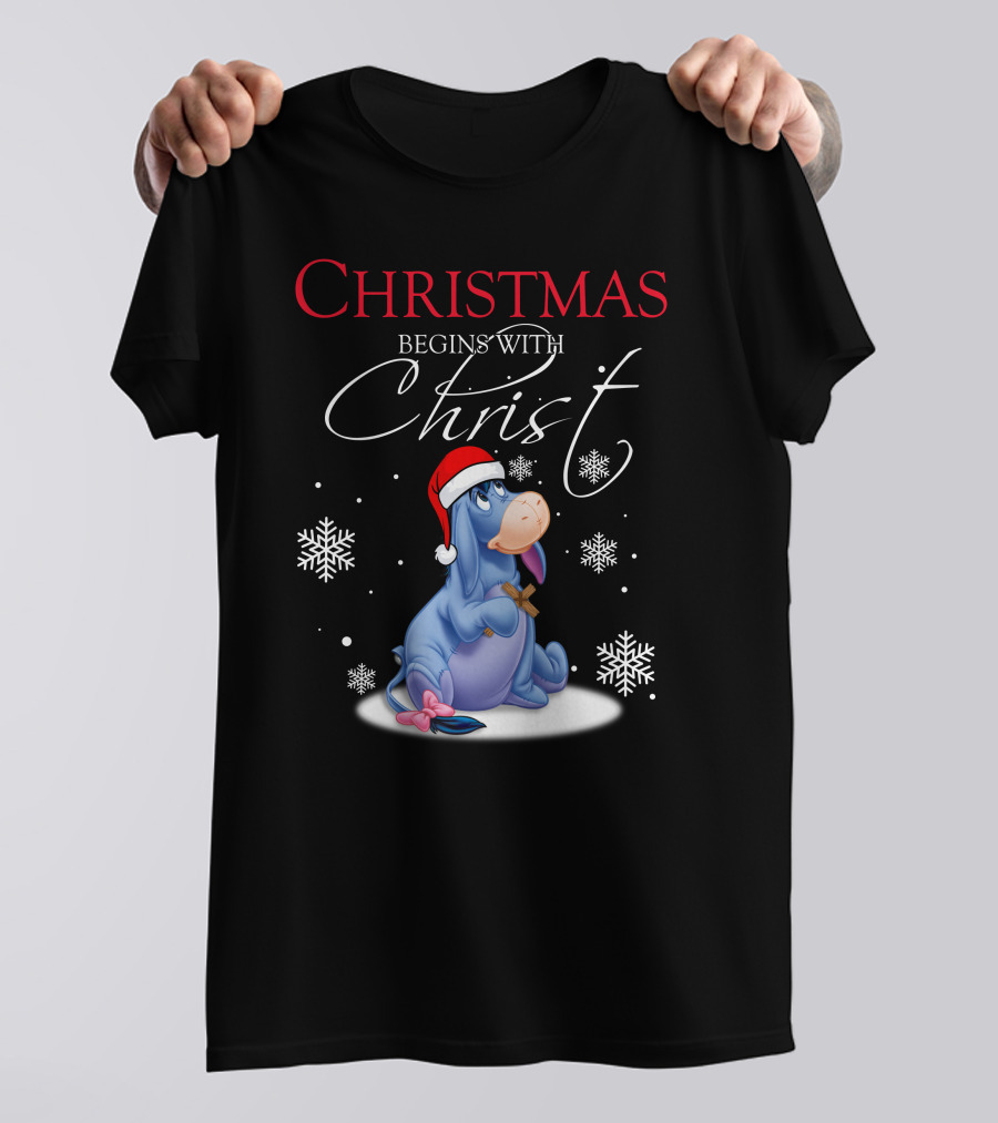 Christmas Begins With Christ Eeyore Santa Hat Snowflakes T-Shirt