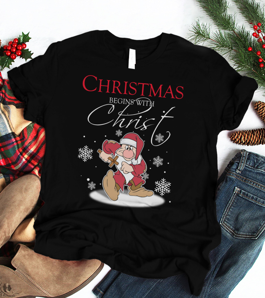 Christmas Begins With Christ Grumpy Santa Snowflakes T-Shirt