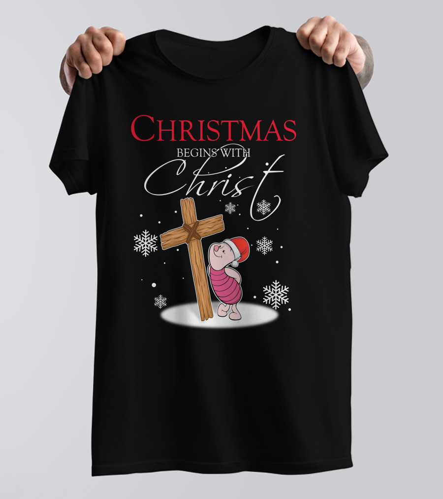 Christmas Begins With Christ Piglet Santa Hat Snowflakes T-Shirt